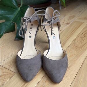 Unisa Taupe Suede Pointed-Toe Ankle-Tie Heels